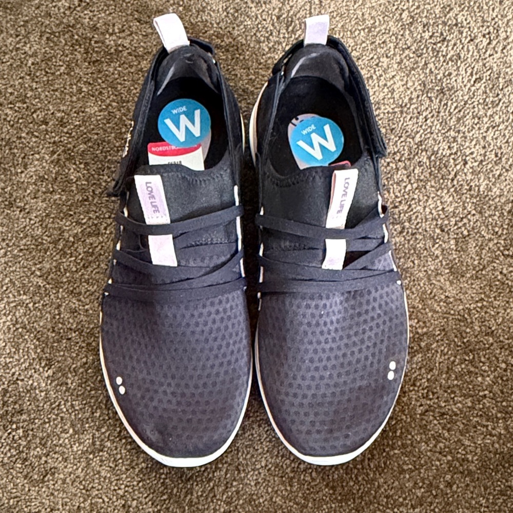 Nordstrom Women’s Black Slip-On Sneakers with White Trim and Pink Tabs